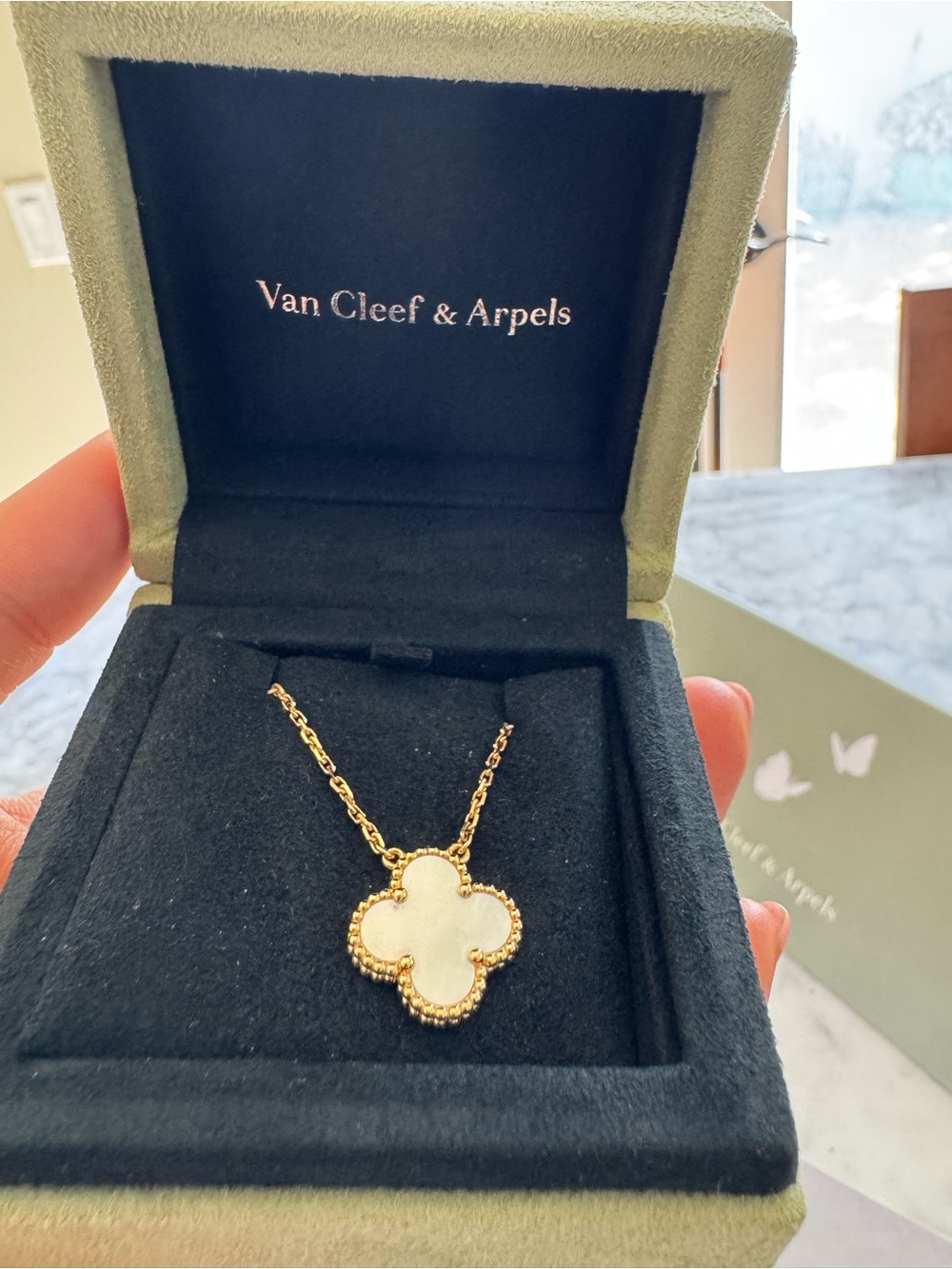 Van Cleef & Arpels Gold and White Alhambra Mother-of-Pearl Pendant Necklace